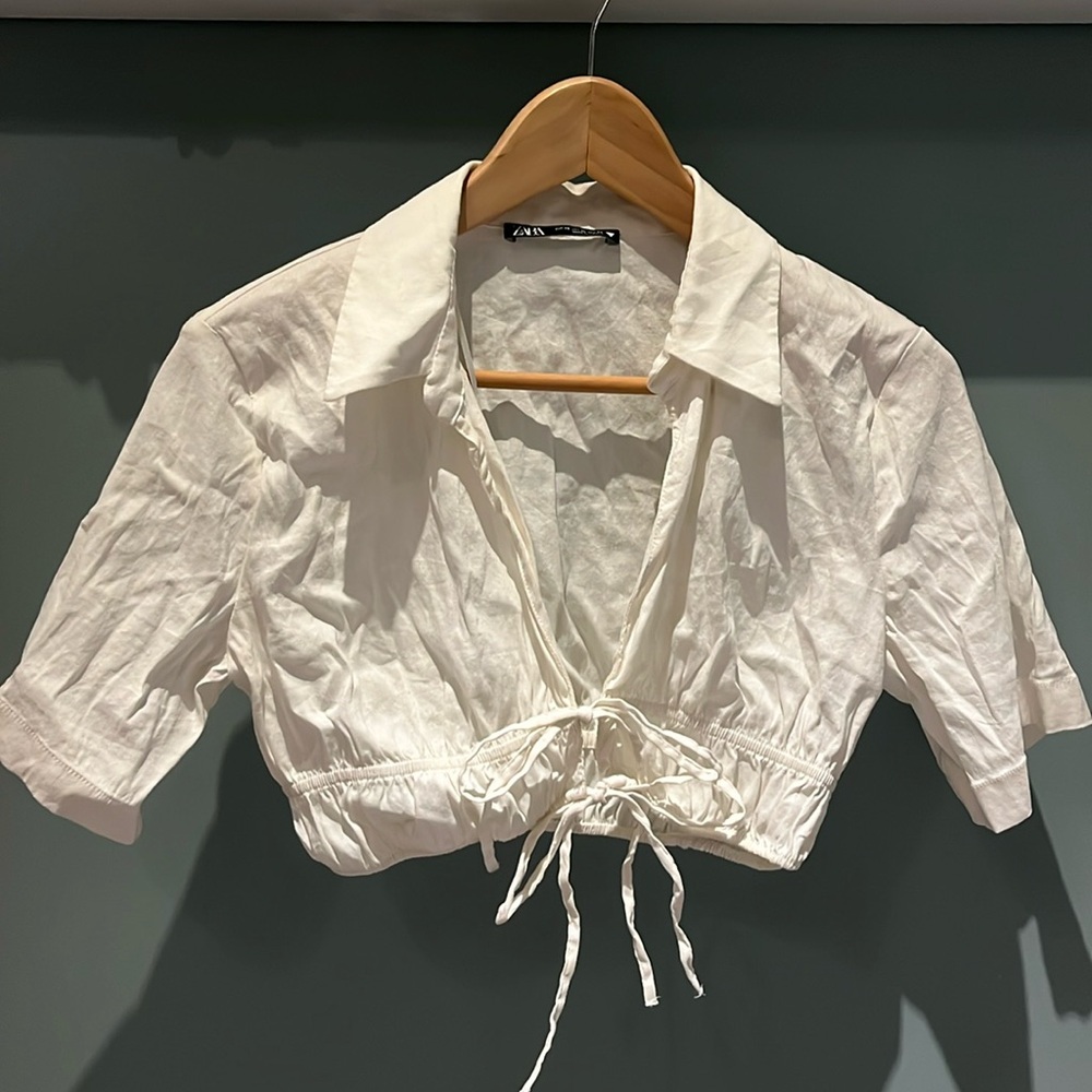 ZARA White Cropped Linen Top